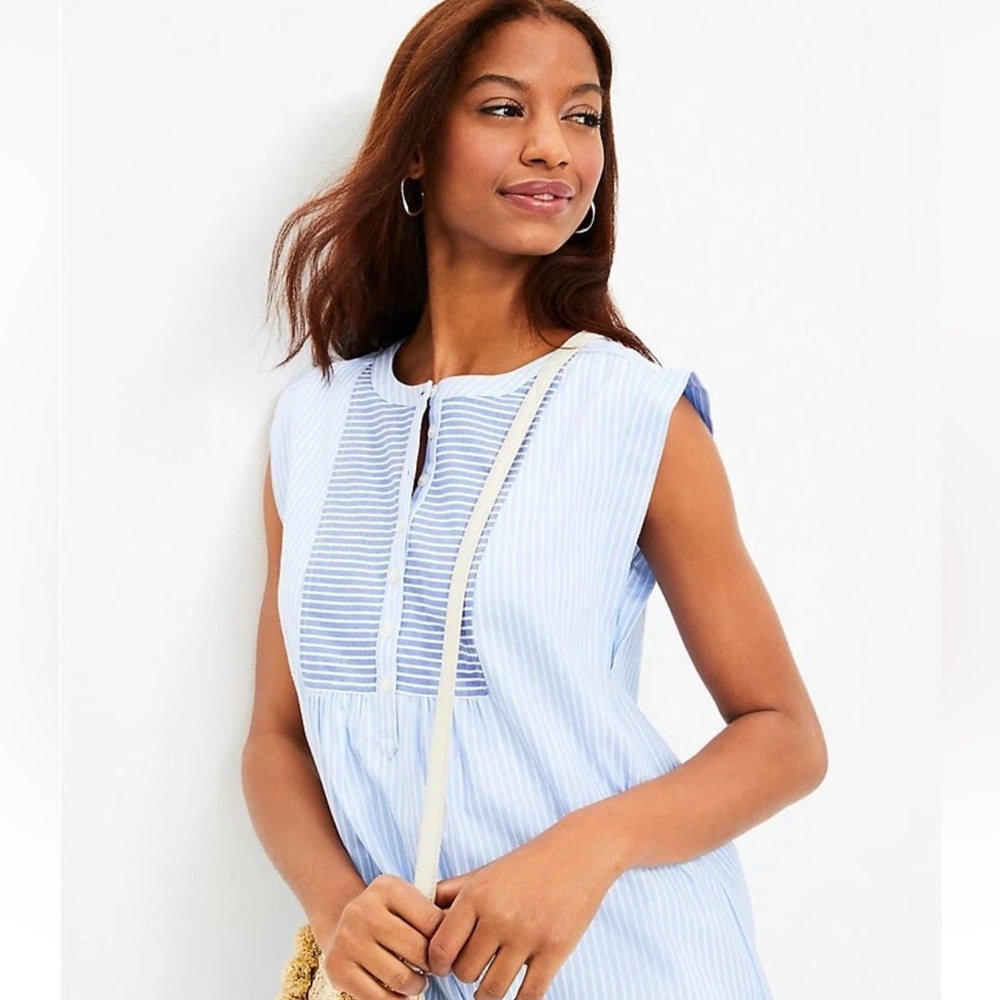 LOFT Striped Henley Shift Dress Sky Blue Size Small - Picture 1 of 8